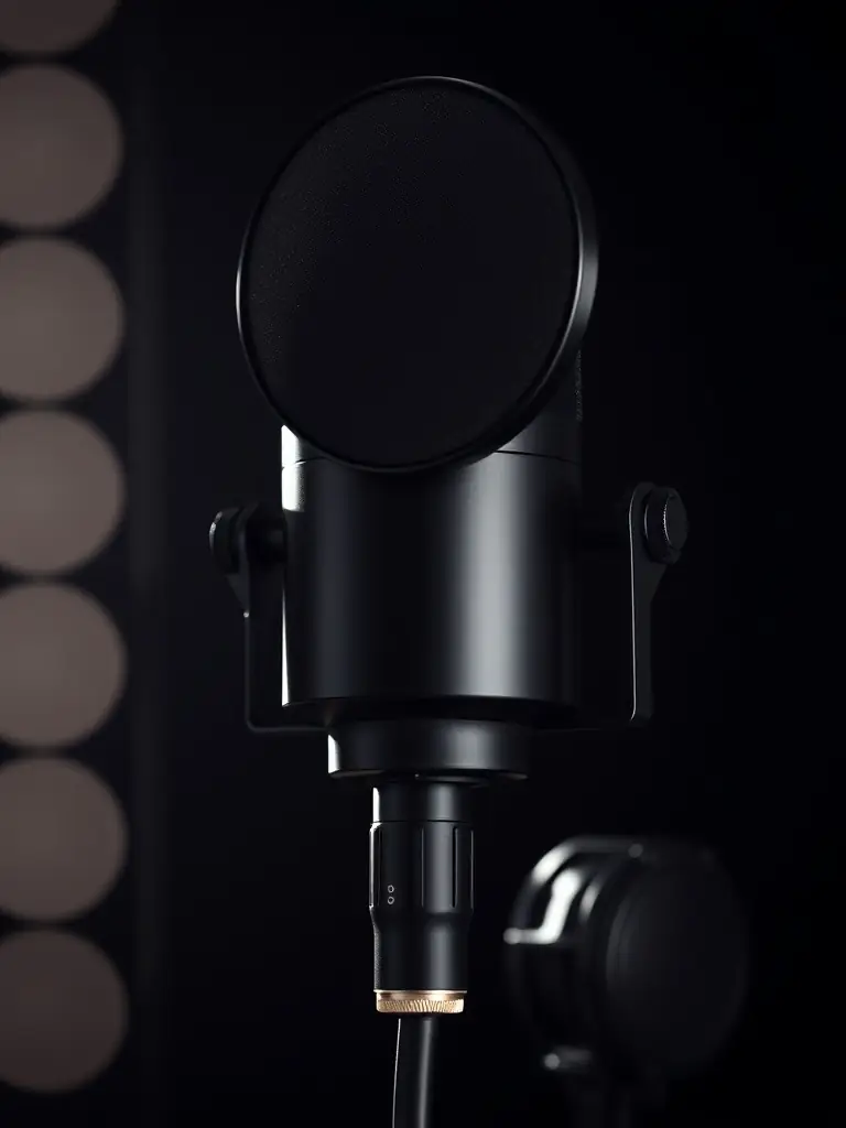 A professional microphone on a stand with a pop filter in a softly blurred background.