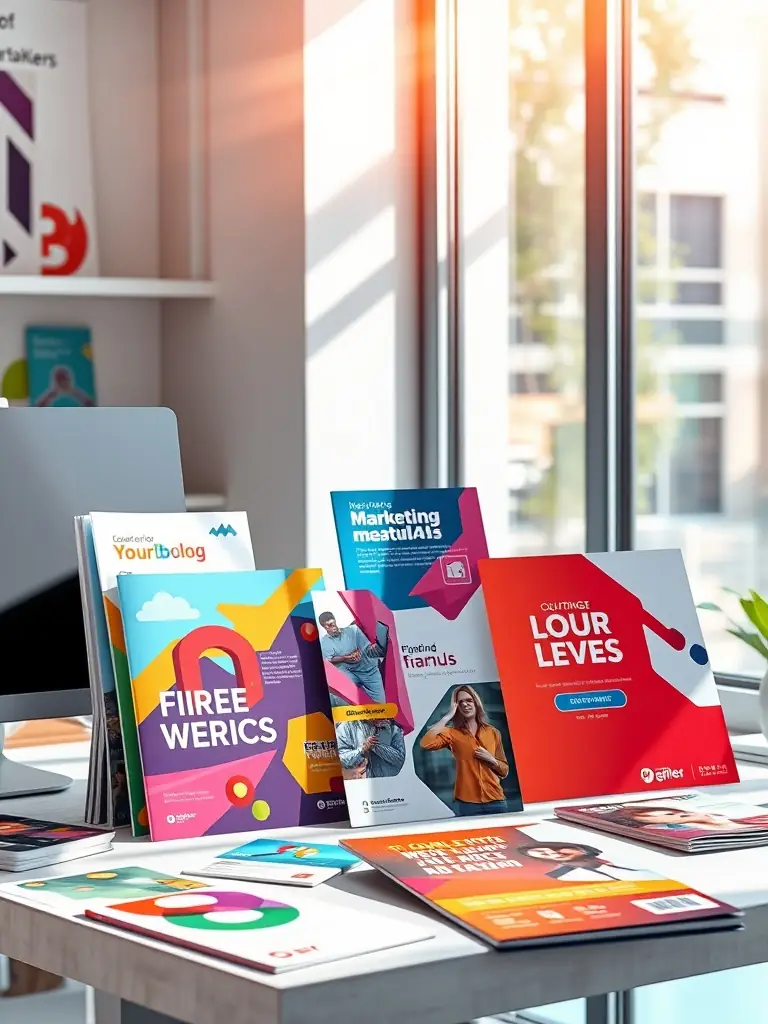 An array of colorful marketing materials on a stylish desk.